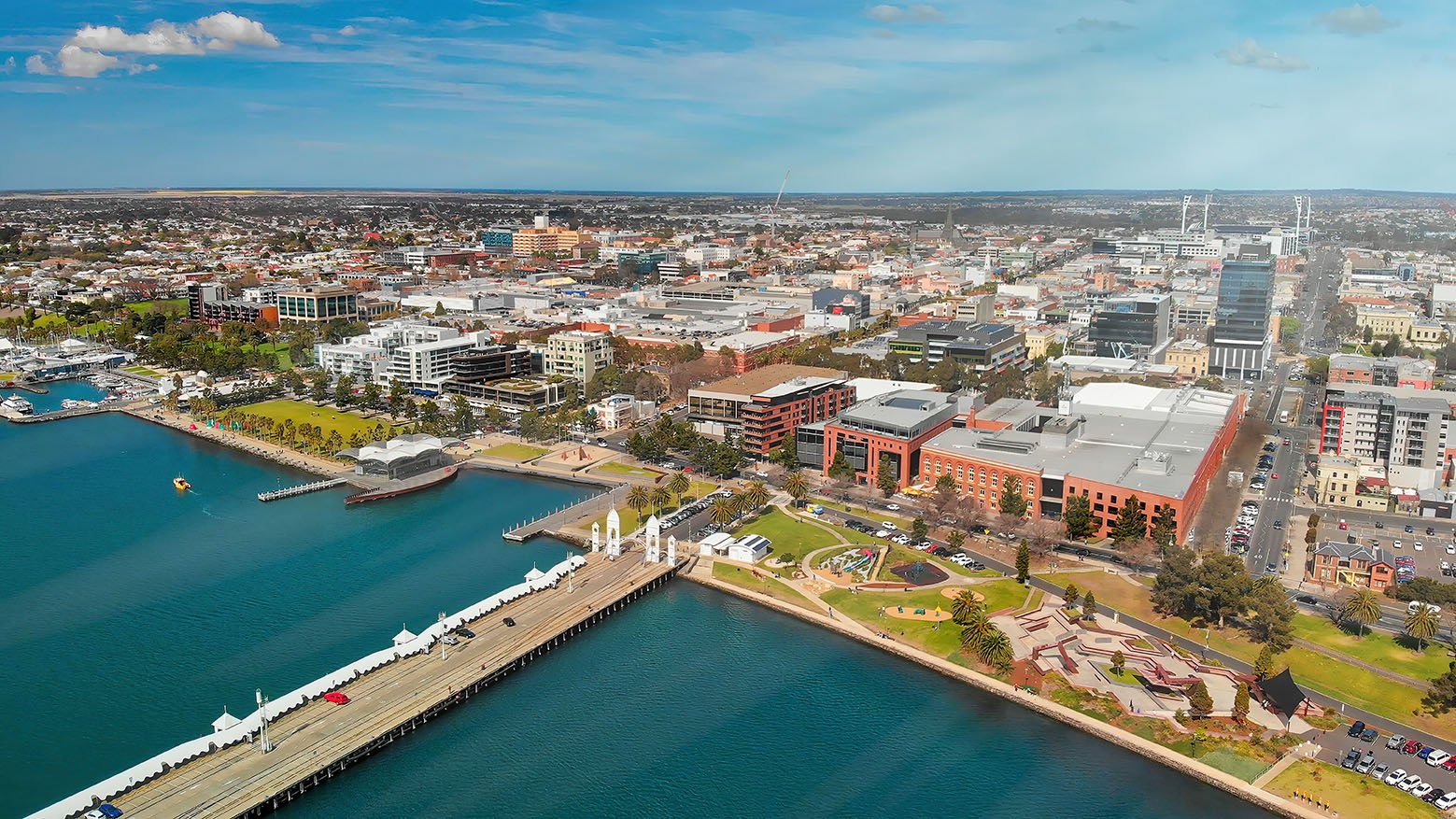 Geelong, Australia. Aerial view of city coastline from drone.